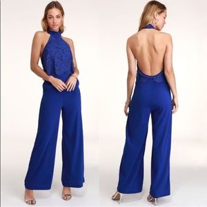 Royal blue lace jumpsuit by Lulus.